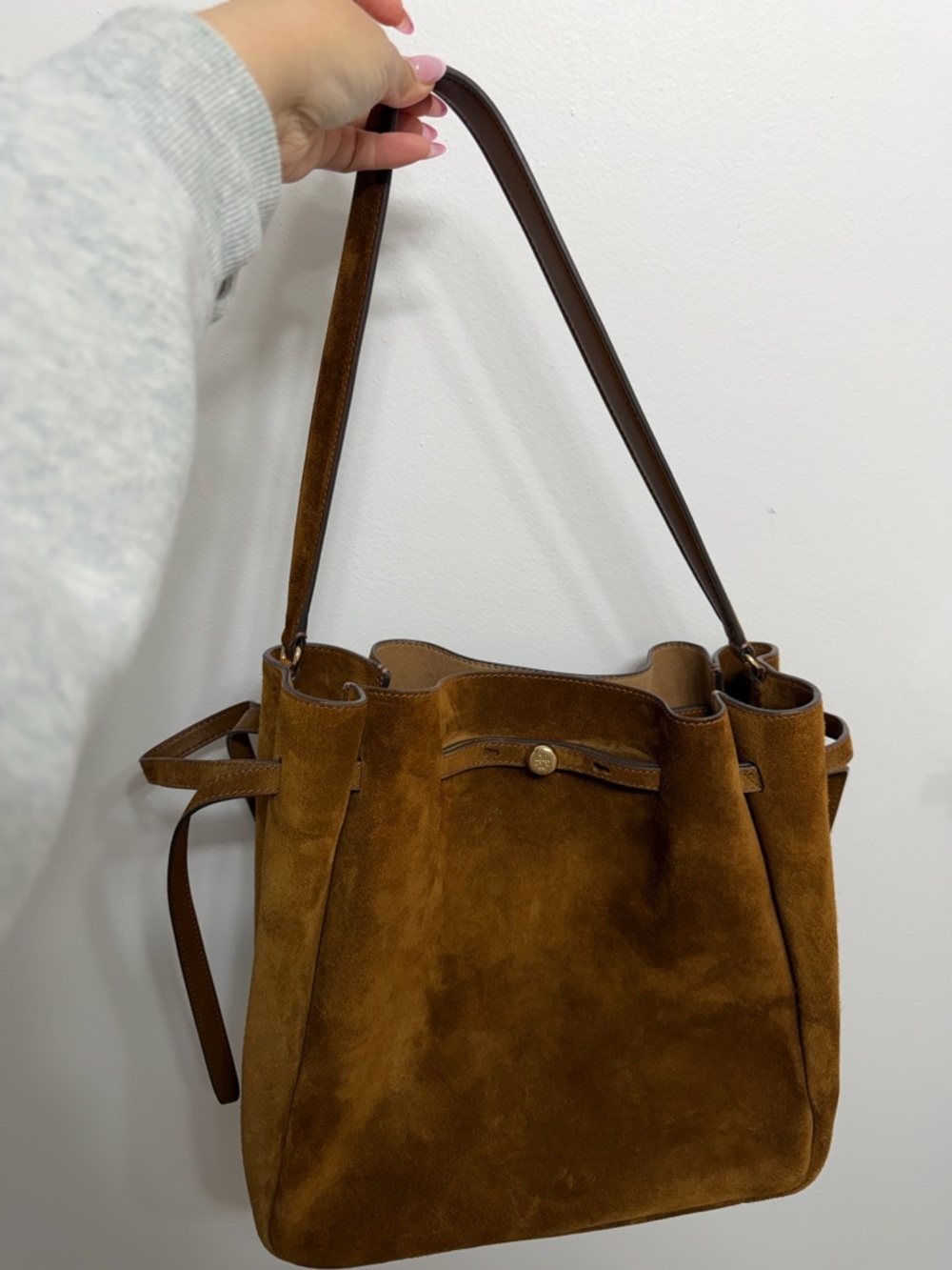 Tory Burch Romy Suede Bucket Bag Large Cognac Brown